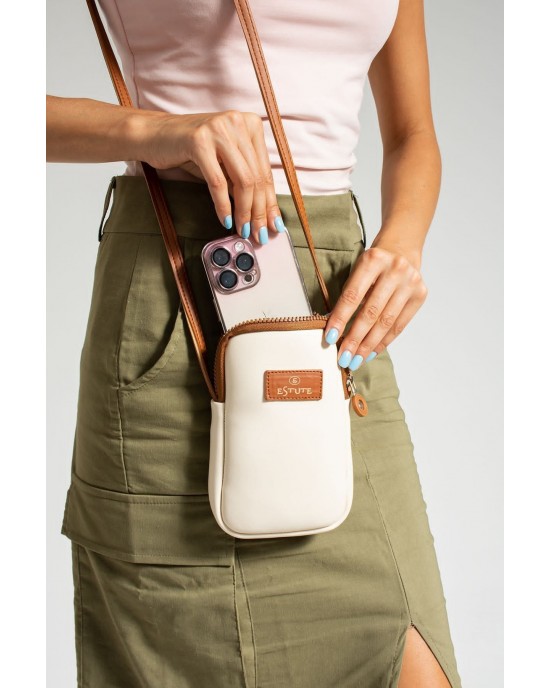 Stylish ESTUTE Shoulder Bag and Handbag, Versatile, Phone Holder with Adjustable Shoulder Strap, Turkish Leather, Cream Color 