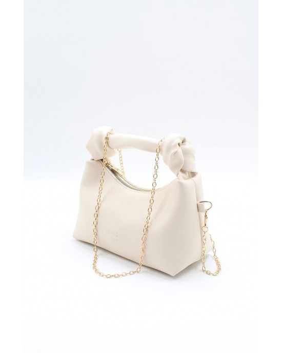 Women's Shoulder Bag with Knot Detail, Chain Strap and Small Shoulder Strap, Cream Color