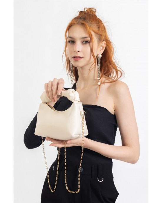 Women's Shoulder Bag with Knot Detail, Chain Strap and Small Shoulder Strap, Cream Color