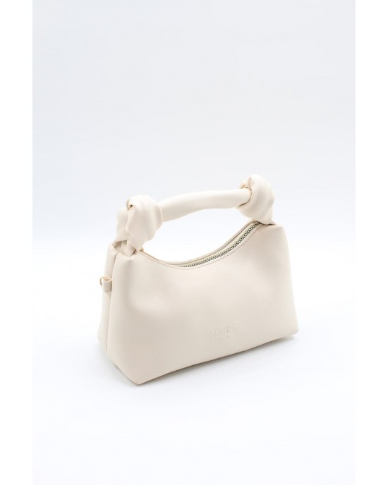 Women's Shoulder Bag with Knot Detail, Chain Strap and Small Shoulder Strap, Cream Color