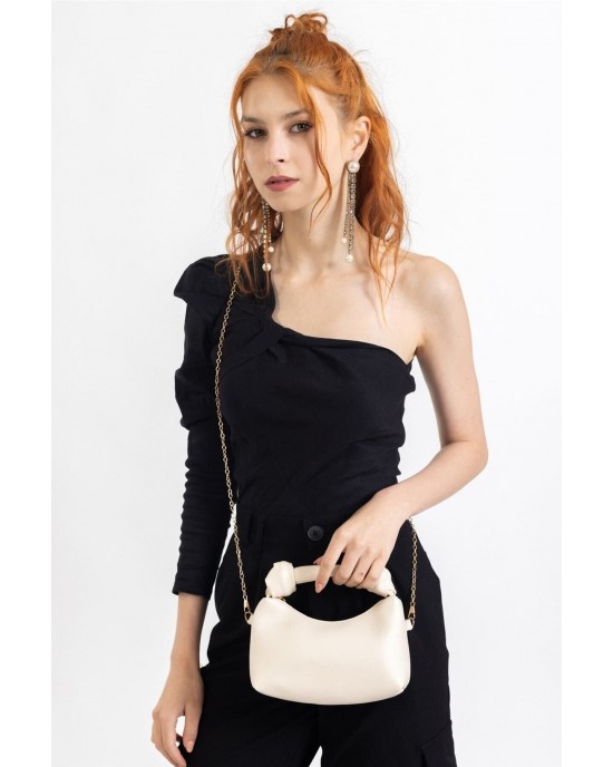 Women's Shoulder Bag with Knot Detail, Chain Strap and Small Shoulder Strap, Cream Color