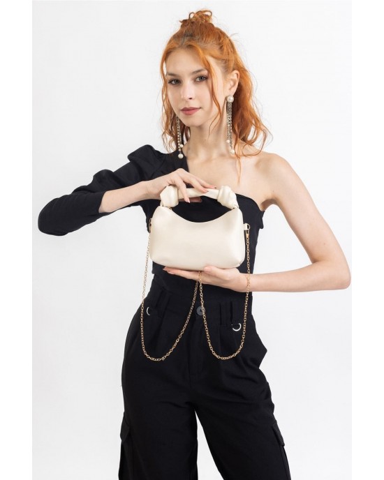 Women's Shoulder Bag with Knot Detail, Chain Strap and Small Shoulder Strap, Cream Color