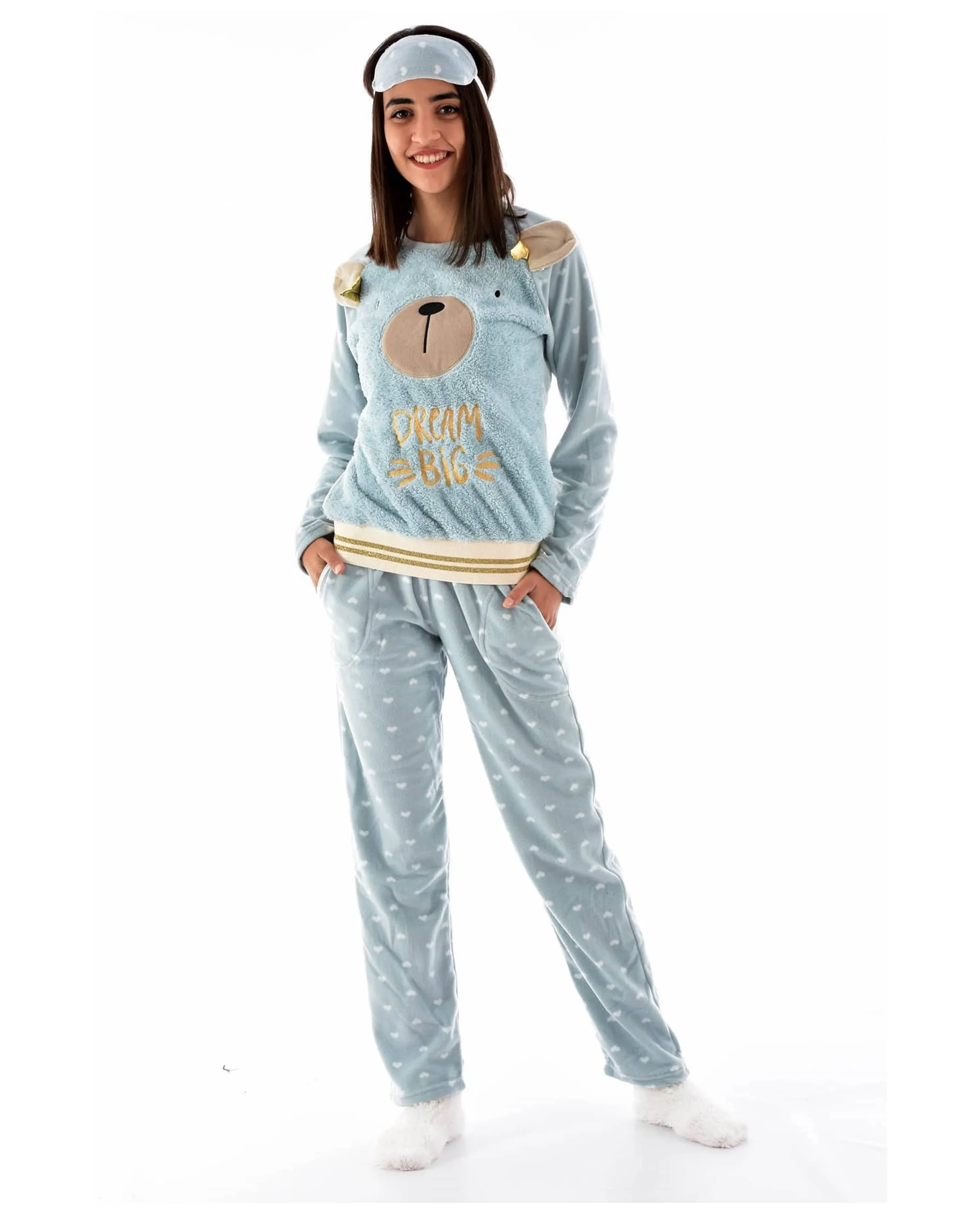 StyleTurk, Turkish Women's Winter Pajamas Set - Silver Fluffy Loungewear  with Long Sleeves and Crew Neckline