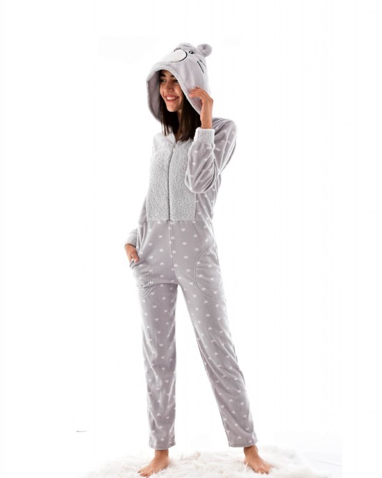Turkish Winter Polar Pajamas with Hat - Cozy Silver Loungewear for Women