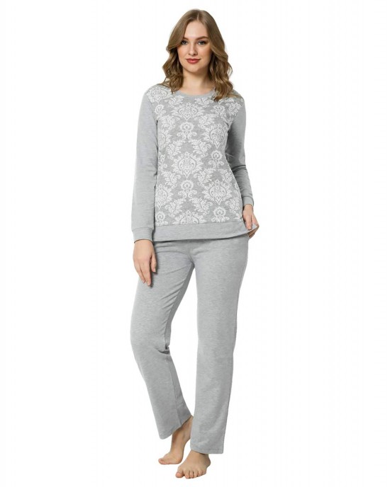 Turkish Women's Long Sleeve Pajama Set - Elegant Silver Sleepwear
