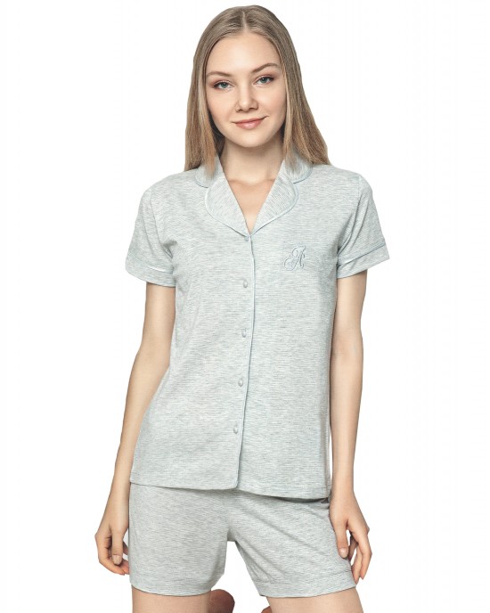 Chic Comfort, Silver Short-sleeved Button-Up Women's Pajama Set - Style Turk Loungewear