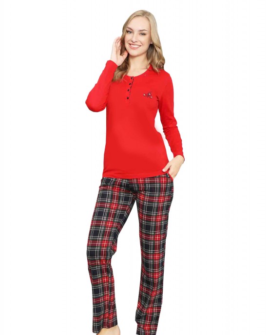 Explore Comfort in Style with Turkish Women's Long Sleeve Pajamas Set, Red color