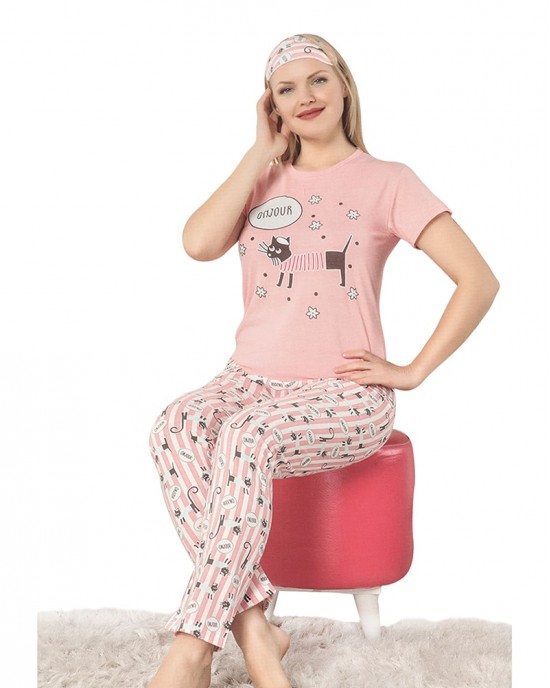 Pink Short Sleeve Turkish Women's Pajamas Set with Sleep Mask