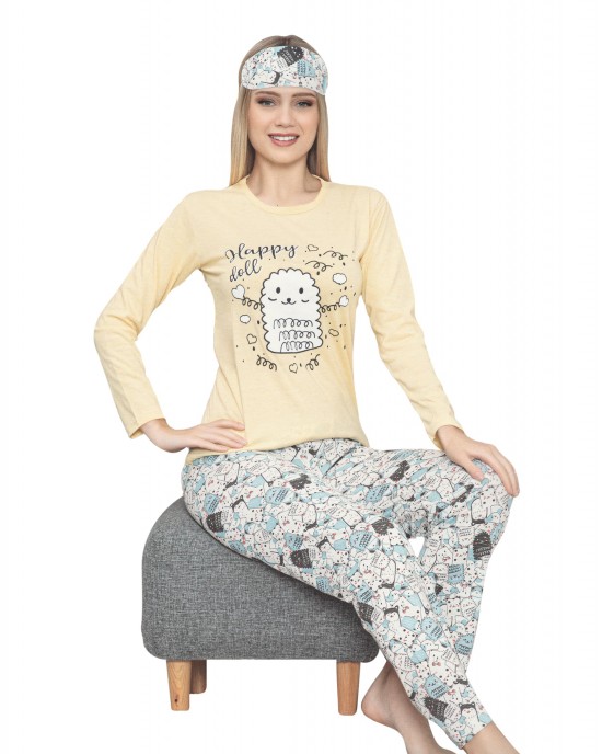 Explore Comfort and Style with Turkish Women's Yellow Pajamas - Casual Loungewear with Sleep Mask