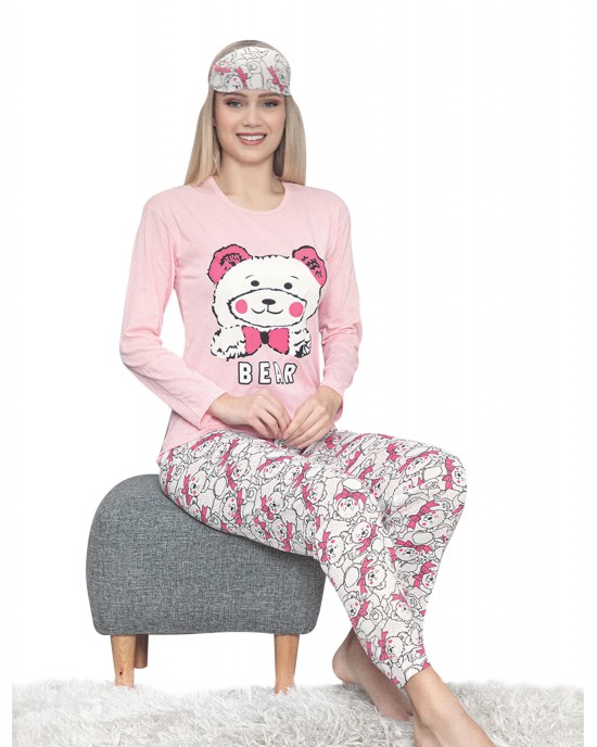 Turkish Women's Pink Pajamas Set - Long Sleeve, Crew Neck, and Sleep Mask for Comfortable Lounging