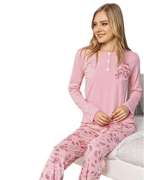 Turkish Women's Pajamas Set - Pink Long Sleeve Loungewear in High-Quality Viscon Fabric