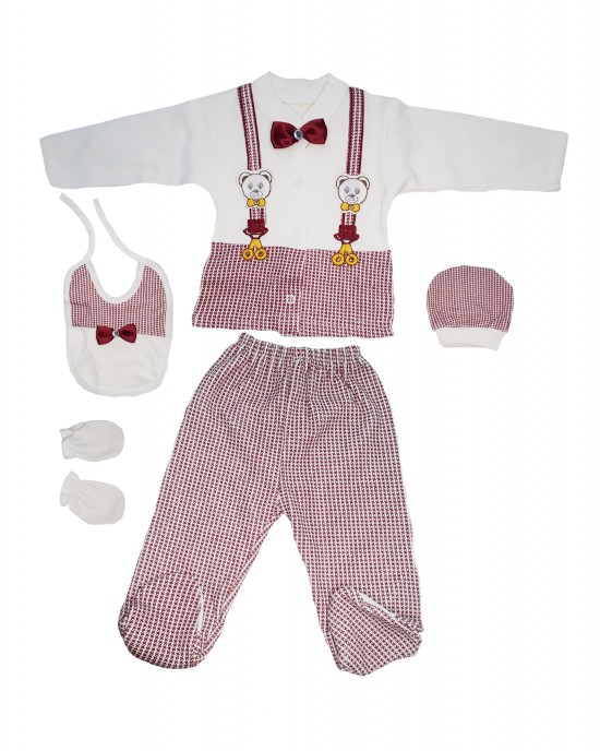 Turkish Baby Clothes Set, Newborn Clothes, Outfits Infant, Maroon and White Color, 5 Pieces