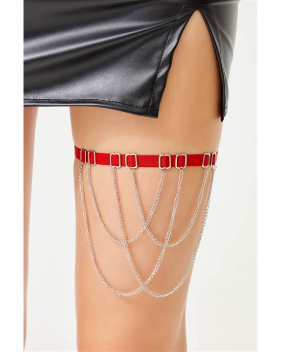 Cottonhill Adjustable Women's Leg Accessory with Red Fabric Ribbon and Silver Chain Detail