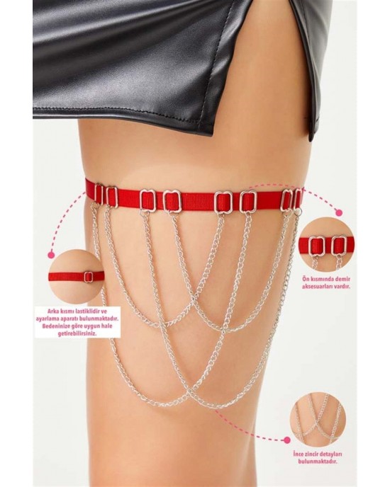 Cottonhill Adjustable Women's Leg Accessory with Red Fabric Ribbon and Silver Chain Detail