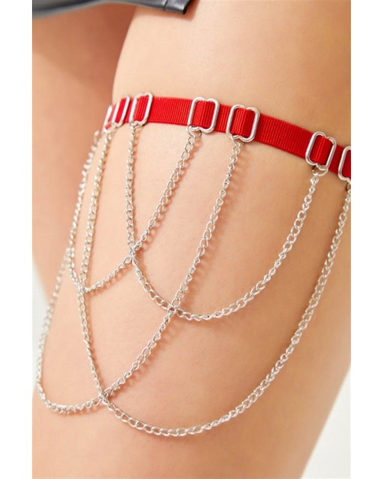 Cottonhill Adjustable Women's Leg Accessory with Red Fabric Ribbon and Silver Chain Detail