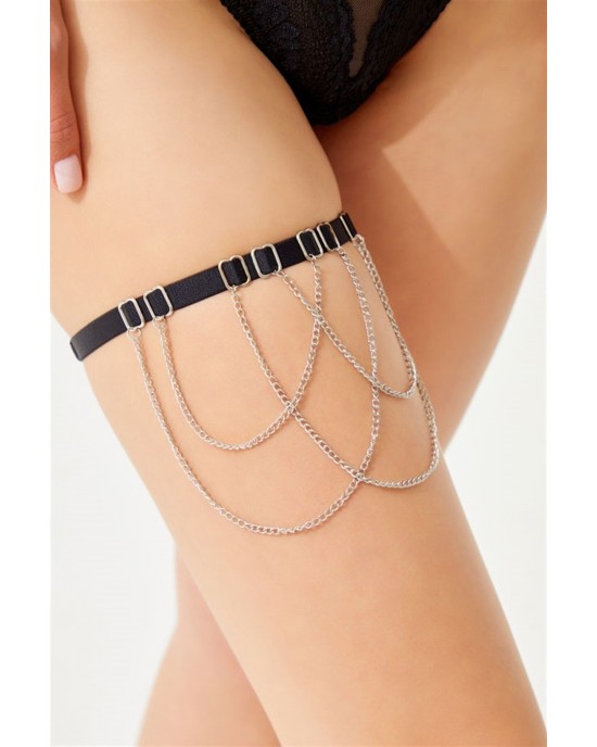 Cottonhill Adjustable Women's Leg Accessory with Black Fabric Ribbon and Silver Chain Detail