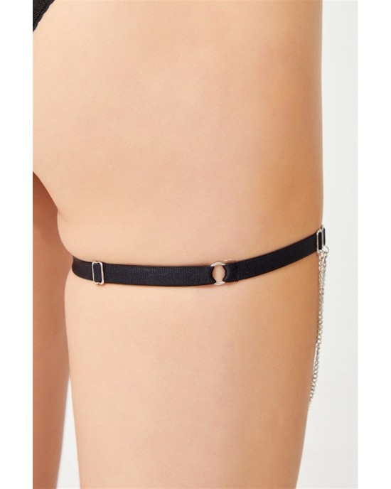 Cottonhill Adjustable Women's Leg Accessory with Black Fabric Ribbon and Silver Chain Detail