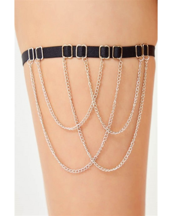 Cottonhill Adjustable Women's Leg Accessory with Black Fabric Ribbon and Silver Chain Detail