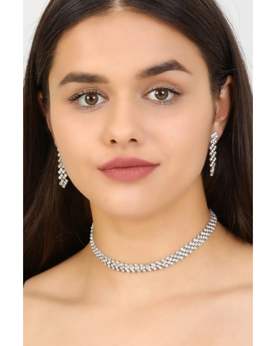 Women's Diagonal Pattern Stone Silver Diamond Waterway Necklace Earrings Evening Dress Wedding Engagement Henna Promise Bridal Jewelry Set
