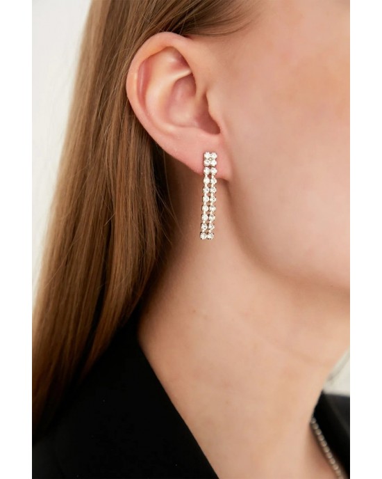 Women's 2 Row Model Crystal Zircon Stone Silver Waterway Necklace Earring Set - Elegant Evening Dress Jewelry Set