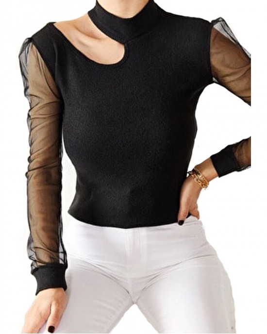Long Lace Sleeve Blouse, Casual Long Sleeve Shirt, Crewneck Blouse Tops With Slot.