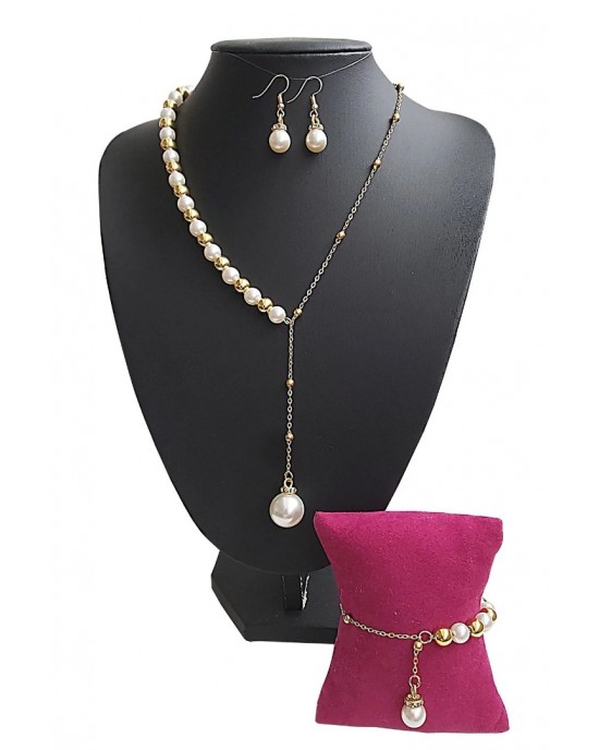 Half Ball Chain Half Pearl Oval Pearl Figured Women's Necklace Bracelet Earring Set - Elegant Pearl Jewelry Set