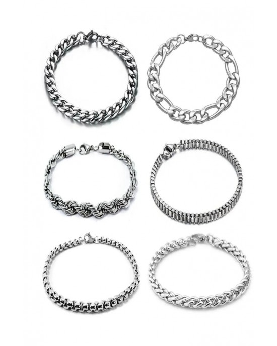 Set of 6 Silver Plated Bracelets - Gurmet, Figaro, Twist, Cube, Knitted, and Angelus