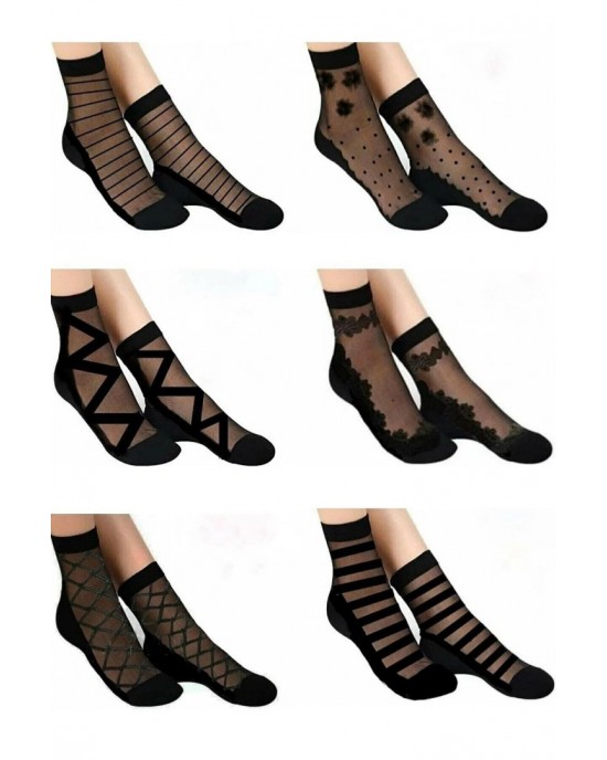 Women's Patterned Black Tulle Socks 6 Pack - Stylish and Comfy Socks