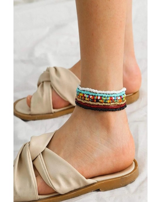 Gypsy Girl Bead Anklet Set - Boho Style Elastic Anklet with 7 Colorful Beaded Bracelets