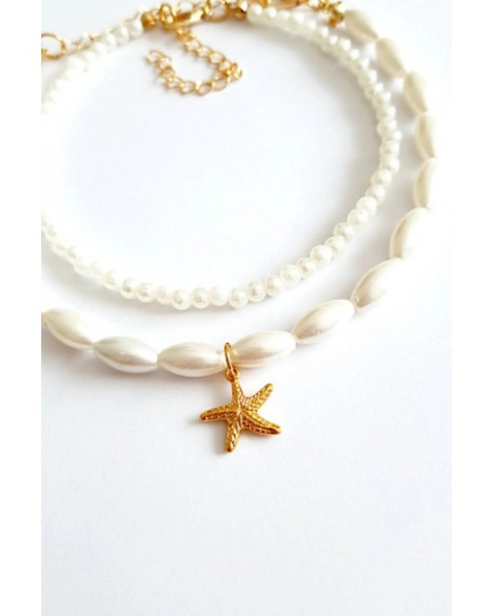 Double Pearl and Starfish Anklet - Elegant Beaded Foot Jewelry for a Chic Look