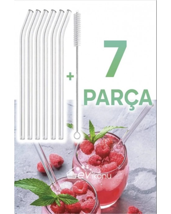 6 Pieces Clear Glass Curved Straws and Cleaning Brush - Cocktail Serving Straws Washable