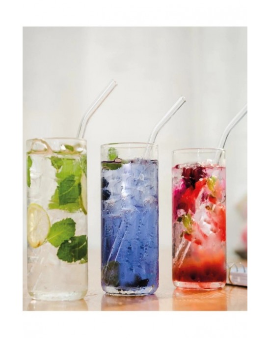 6 Pieces Clear Glass Curved Straws and Cleaning Brush - Cocktail Serving Straws Washable