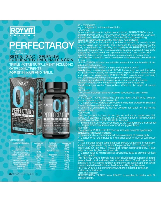 PerfectaRoy Tablets, Complete Nutritional Support for Radiant Skin, Strong Hair, and Healthy Nails, 60 Tablets