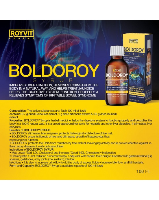BoldoRoy Bitkisel Karaciğer Destek Şurubu, Gelişmiş Detoksifikasyon, Sindirim Sağlığı, Kolesterol Yönetimi, Gastrointestinal Rahatlık, 100 ml