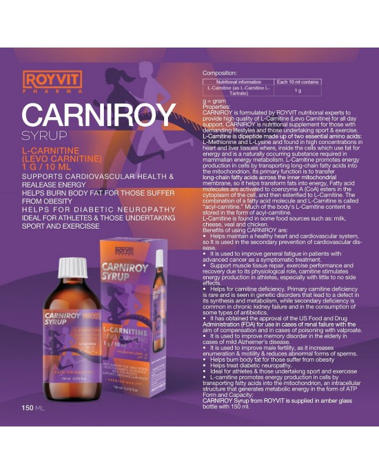 CarniRoy SlimFit Carnitine Syrup, Burning Body Fat, Supporting Diabetic Neuropathy, and Enhancing Muscle Recovery, 150 ml