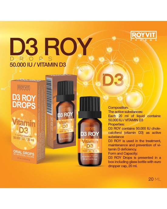 D3 ROY قطرات فيتامين D3 - الحل النهائي لنقص فيتامين D, نقط فموية بعبوة زجاجية, 20 مل
