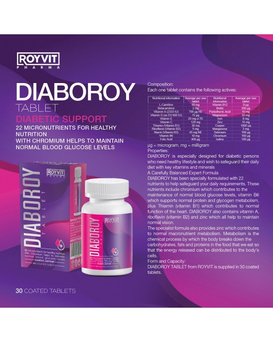 DiaboRoy Diabetic Support Tablets, Maintain Normal Blood Sugar Levels Naturally, 30 Tablets