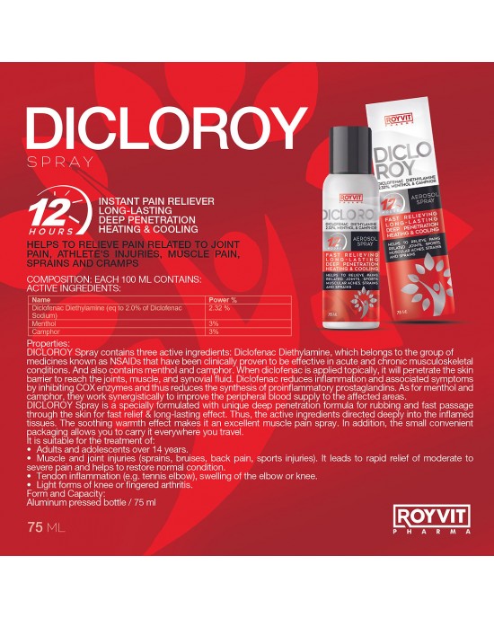 DICLOROY Pain Relief Spray, Fast Acting Relief for Muscle and  Joint Pain with Menthol and Camphor, 12-Hour Relief, 75 ml