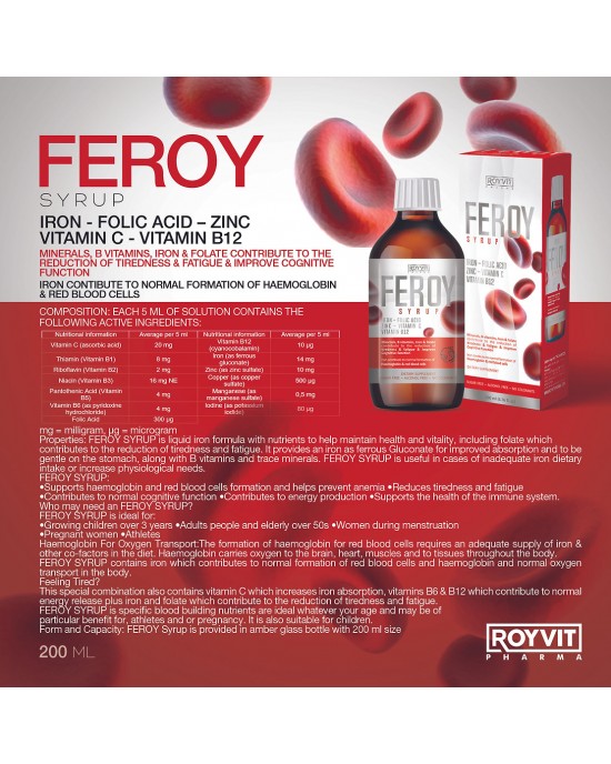 FeRoy Iron Syrup, Enhance Energy Levels, Reduce Fatigue, Support Immune Health and Cognitive Performance, 200 ml