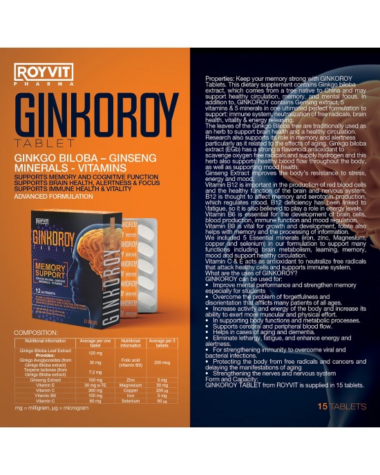 GinkoRoy Memory Support Tablets, Ginkgo Biloba, Ginseng, Minerals, Vitamins, 15 Tablets