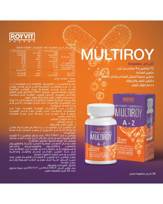 MULTİROY Multivitamin ve Mineral Tabletleri: Bağışıklığınızı güçlendirin, enerjinizi artırın, kronik yorgunluktan kurtulun, 30 Tablet