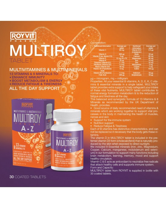MULTIROY Multivitamins & Multimineral Tablets, Enhanced Immunity, Energy Boost, and Reduced Fatigue, 30 Tablets