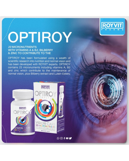 أقراص أوبتي روي OptiRoy للعناية بالبصر ودعم صحة العين, مخصصة لمن يستخدمون الشاشات لفترات طويلة, 30 مضغوطة