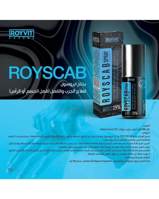 ROYSCAB Scabies Spray, Effective Treatment for Scabies and Pediculosis with Benzyl Benzoate, Treatment for Head Lice Infestations, 50 ml